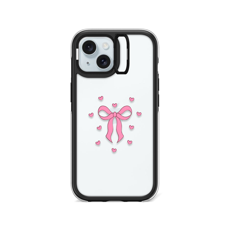 iPhone 15 Pink Ribbon Heart Camera Ring Kickstand Case - CORECOLOUR