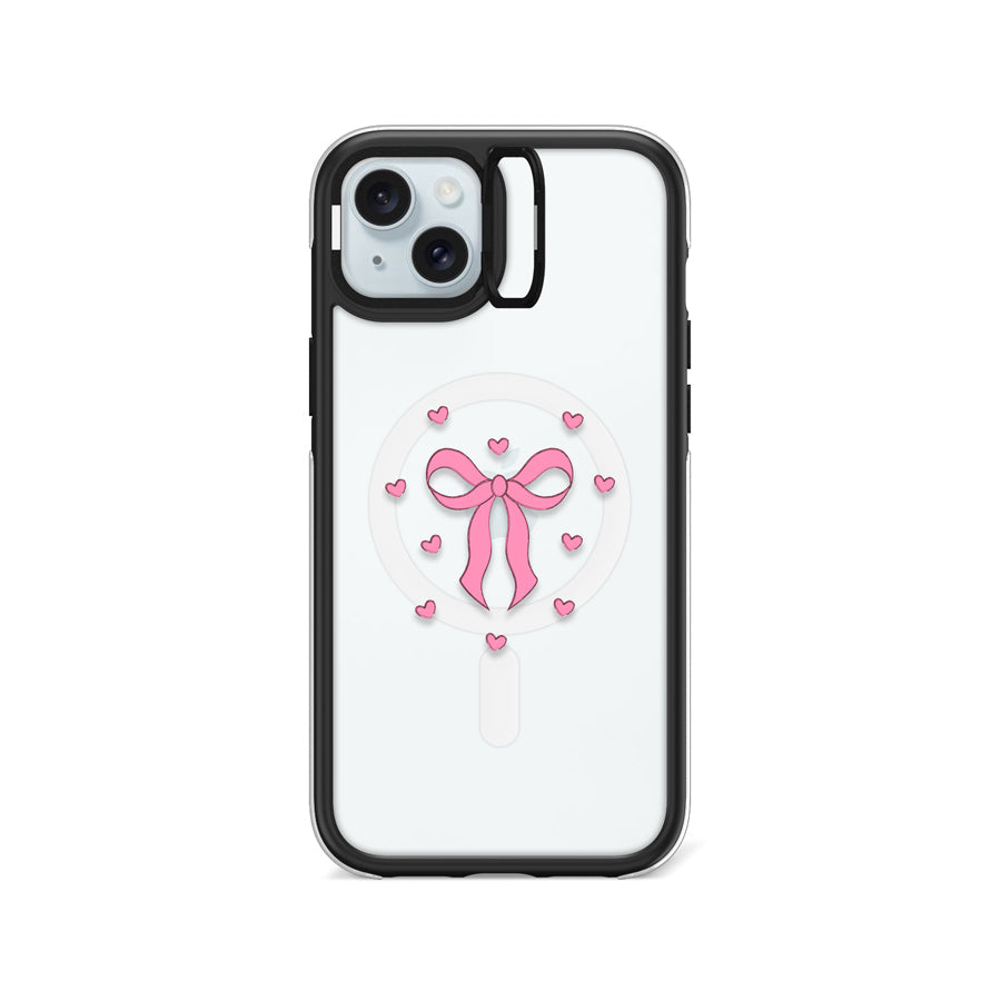 iPhone 15 Plus Pink Ribbon Heart Camera Ring Kickstand Case - CORECOLOUR