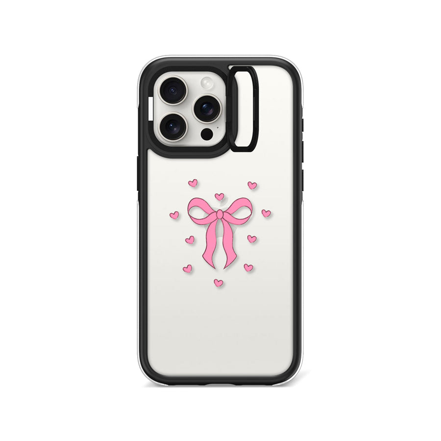 iPhone 15 Pro Max Pink Ribbon Heart Camera Ring Kickstand Case - CORECOLOUR