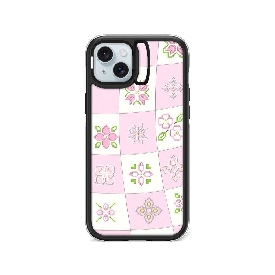 iPhone 15 Plus Cherry Blossom Checker Camera Ring Kickstand Case - CORECOLOUR AU